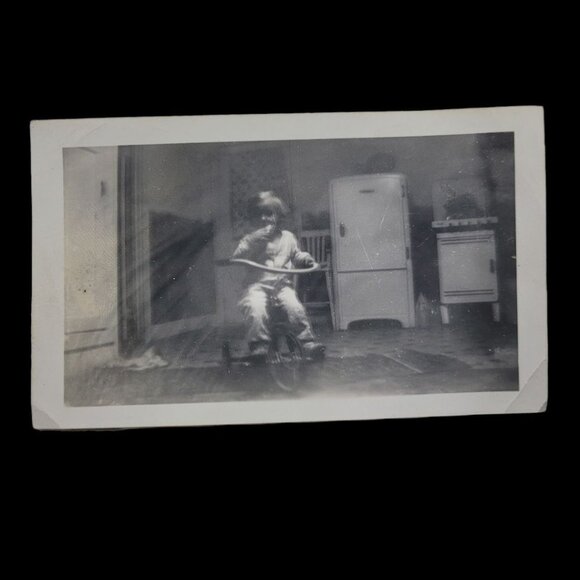 Creepy Photograph Child Tricycle Black White Gray Blurry Horror 1950s 1960s - Picture 1 of 11